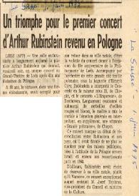 Portada:Un triomphe pour le premier concert d'Arthur Rubinstein revenu en Pologne