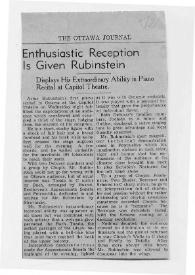 Portada:Enthusiastic reception is given Rubinstein : Displays his extraordinary ability in piano recital at Capitol Theatre.