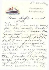 Portada:Carta dirigida a Aniela y Arthur Rubinstein. R.M.S. Queen Mary