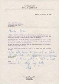 Portada:Carta dirigida a Aniela Rubinstein. Madrid (España), 22-04-1988