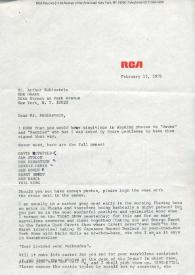 Portada:Carta dirigida a Arthur Rubinstein. Nueva York, 10-02-1975