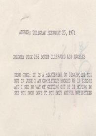 Portada:Telegrama dirigido a Arthur Rubinstein. Los Angeles (California), 25-02-1971