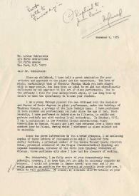 Portada:Carta dirigida a Arthur Rubinstein. Chicago (Illinois), 09-11-1976