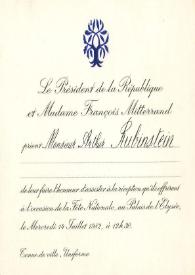 Portada:Tarjeta de invitación dirigida a Arthur Rubinstein. París (Francia), 14-07-1982
