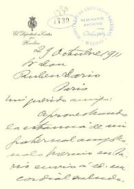 Portada:Carta de Manuel Bueno a Rubén Darío. Huelva, 29 de octubre de 1911