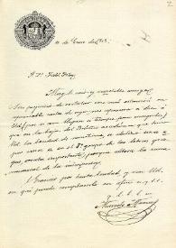 Portada:Carta de M. Macías a F. Fita diciéndole que en la hoja del Boletín que le remitió había un errata en el septimo grupo de letras griegas que alteran la lectura correcta de una inscripción, y qué si aún es posible su corrección / Comisión de Monumentos Histórico - Artísticos de Orense