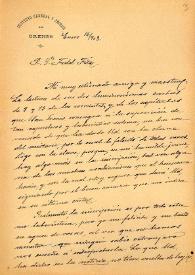 Portada:Carta de M. Macías a F. Fita agradeciéndole que haya descifrado la inscripción griega del anillo hallado en Astorga (León) / Instituto General y Técnico de Orense