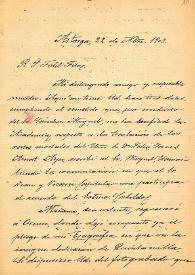 Portada:Carta de M. Macías a F. Fita sobre la lectura de una inscripción publicada en la Revista de la Asociación Artístico-arqueológica de Barcelona que incluye el fotograbado de la lápida / Instituto General y Técnico de Orense