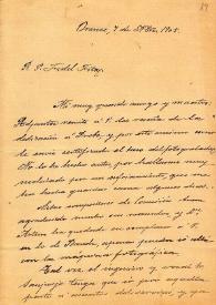 Portada:Carta de M. Macías a F. Fita sobre algunas inscripciones halladas en la muralla de Astorga. Le remite tres fotografías y dos dibujos. / Ayuntamiento de Astorga