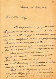 Portada:Carta de M. Macías a F. Fita sobre algunas inscripciones halladas en la muralla de Astorga. Le remite tres fotografías y dos dibujos. / Ayuntamiento de Astorga