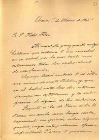 Portada:Carta de M. Macías a F. Fita comunicándole que ha recibido el Boletín de la Real Academia en donde se publica su inscripción de Probo y le informa de los trabajos que saldrán en su Boletín (Orense); nuevas inscripciones de Astroga y otras correcciones / Boletín de la Comisión de Monumentos de Orense