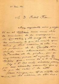 Portada:Carta de Juan Sanguino y Michel a F. Fita sobre una inscripción de Ibahernando; comunica que quiere sacar calcos de ésta y de la de Nuestra Señora de la Jara