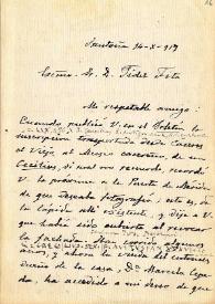 Portada:Carta de Juan Sanguino y Michel a F. Fita sobre inscripciones de Cáceres; envía fotografías de una inscripción latina y otra griega y dibujo de un epígrafe de un ara de Valdelacasa / Comisión de Monumentos (Cáceres); Diputación (Cáceres); Museo de Cáceres;