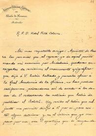 Portada:Carta de Ramón Santa María a Fidel Fita a su vuelta de Andalucía; remite dibujo de una inscripción de Baeza que está en el Ayuntamiento y de otra de Alcalá de Henares hallada en el cimiento del convento de las Claras