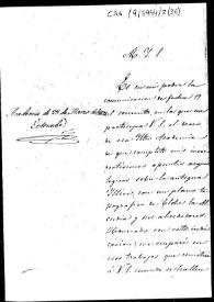 Portada:Carta en la que informa que, siguiendo la indicación de la Real Academia de la Historia, completará sus apuntes arqueológicos sobre Illici con un plano topográfico de Elche, La Alcudia y sus alrededores.