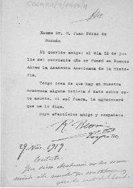 Portada:Carta en la que se pide información sobre la fundación de la Academia Americana de la Historia en Buenos Aires