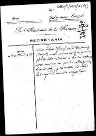 Portada:Carpetilla de expediente sobre una carta de Julián Moral que amplía datos relativos a los dos miliarios encontrados en Tordomar, dando cuenta de otros hallazgos arqueológicos.