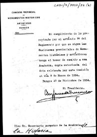 Portada:Oficio de remisión de la copia del acta de la sesión celebrada por la Comisión de Monumentos de Burgos el 5 de julio de 1934.