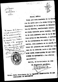 Portada:Oficio en el que se comunica la petición de la Comisión de Monumentos de Cáceres de crear más vacantes de correspondientes