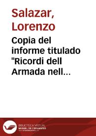 Portada:Copia del informe titulado "Ricordi dell Armada nell Castello di Brumoland in Irlanda", sobre el diseño de una mesa esculpida y otros objetos que dice están relacionados con la Armada Invencible de los que da una descripción detallada