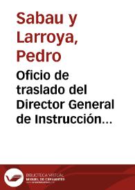 Portada:Oficio de traslado del Director General de Instrucción Pública en el que se solicita informe sobre el hallazgo en Espinosa de Henares de objetos de antigüedades romanas al construir la línea de ferrocarril Madrid-Zaragoza, y que queda designado para informar sobre dicho asunto.