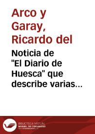 Portada:Noticia de \"El Diario de Huesca\" que describe varias donaciones de materiales arqueológicos al Museo Provincial de Antigüedades