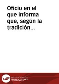 Portada:Oficio en el que informa que, según la tradición histórica, existe en la iglesia parroquial de Miedes de Aragón (Zaragoza) un sepulcro de piedra, el cual contiene los restos de la Infanta Leonor, hija del rey Alfonso X el Sabio.