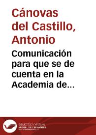 Portada:Comunicación para que se de cuenta en la Academia de una carta, relativa al sarcófago de San Juan de Mata, hallado en el palacio de los Duques de Medinaceli, que se adjunta.