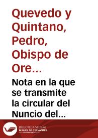 Portada:Nota en la que se transmite la circular del Nuncio del Papa en Madrid, acerca de la prohibición de enajenar objetos históricos o artísticos.