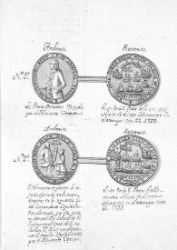 Portada:Dibujo de las dos medallas remitidas desde Sevilla por el Oidor de la Audiencia, Francisco de Bruna, y que conmemoran el sitio de la Plaza de Cartagena por la escuadra del Almirante Vernon el 22 de noviembre de 1739. Bajo el dibujo está la explicación del tipo iconográfico y leyenda de cada pieza.