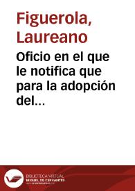 Portada:Oficio en el que le notifica que para la adopción del nuevo sistema monetario decreta que la Junta Consultiva de Moneda redacte el programa para la creación de troqueles y formule el presupuesto de la refundición de la moneda actualmente en curso y que la Real Academia de la Historia informe acerca del escudo de armas y los atributos que deben estar presentes en las nuevas monedas.