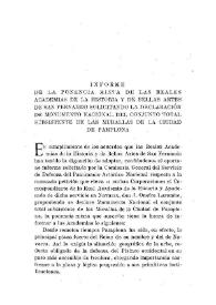 Portada:Informe de la ponencia mixta de las Reales Academias de la Historia y de Bellas Artes de San Fernando solicitando la declaración de Monumento Nacional del conjunto total subsistente de las Murallas de la Ciudad de Pamplona / Pío Zabala [ et al.]