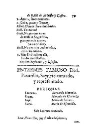 Portada:Entremes famoso Del paxarillo, saynete cantado y representado / de D. Gil de Armesto y Castro