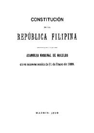 Portada:Constitución de la República Filipina : decretada por la Asamblea Nacional de Malolos en su solemne sesión del 21 de enero de 1899