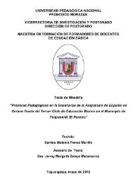 Portada:Prácticas pedagógicas en la enseñanza de la asignatura de español en octavo grado de tercer ciclo de Educación Básica en el municipio de Teupasenti, El Paraíso / Santos Melecio Ponce Murillo