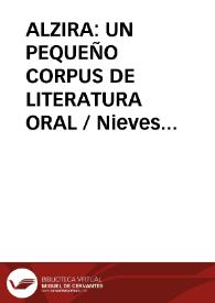 Portada:ALZIRA: UN PEQUEÑO CORPUS DE LITERATURA ORAL / Nieves Martin, Rafaela