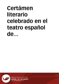 Portada:Certámen literario celebrado en el teatro español de esta capital el dia 29 de Setiembre de 1877 en honor de ... Miguel de Cervantes Saavedra