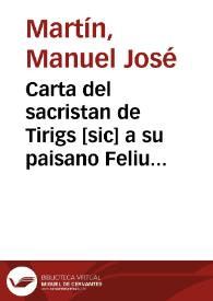 Portada:Carta del sacristan de Tirigs [sic] a su paisano Feliu Bonamich, en que se convence contra un moderno escritor, que el insigne pintor Francisco Ribalta fue valenciano, y natural del Castellon de la Plana