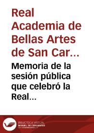 Portada:Memoria de la sesión pública que celebró la Real Academia de Bellas Artes de San Carlos de Valencia el día 4 de octubre de 1896... 