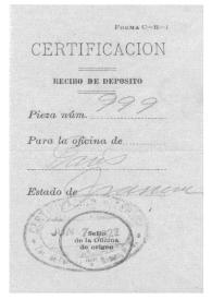 Portada:Certificación de recibo de depósito. México, 7 de junio de 1922