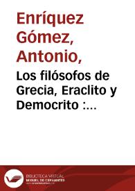 Portada:Los filósofos de Grecia, Eraclito y Democrito : comedia famosa [1762] / de don Fernando de Zarate