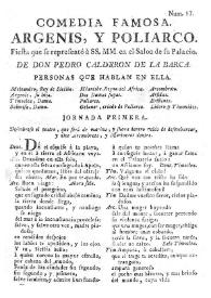 Portada:Argenis, y Poliarco. Fiesta que se representó à SSMM. en el Salon de su Palacio / de Don Pedro Calderon de la Barca