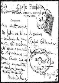 Portada:Tarjeta postal de Andrés de Lima a Rafael Altamira. París