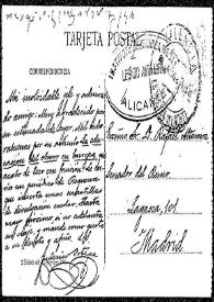 Portada:Tarjeta postal de Federico Ortega a Rafael Altamira. Valencia, 1908