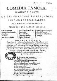 Portada:Comedia famosa. Segunda parte de las Amazonas en las Indias y hazañas de los Pizarros / del maestro Tirso de Molina