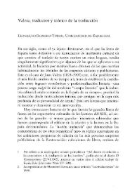 Portada:Valera, traductor y teórico de la traducción / Leonardo Romero Tobar