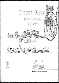 Portada:Tarjeta postal de Ramón María Tenreiro a Rafael Altamira. La Coruña, 26 de diciembre de 1908