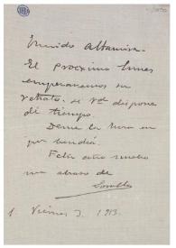 Portada:Carta de Joaquín Sorolla a Rafael Altamira. 3 de enero de 1913 / Joaquín Sorolla