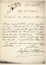 Portada:Carta de Rafael Altamira a Antonio Maura. Madrid, 31 de octubre 1910?