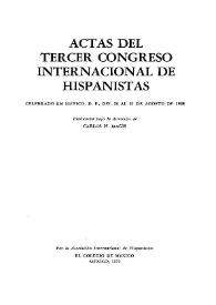 Portada:Actas del III Congreso de la Asociación Internacional de Hispanistas : celebrado en México D.F. del 26-31 de agosto 1968 / publicadas bajo la dirección de Carlos H. Magis